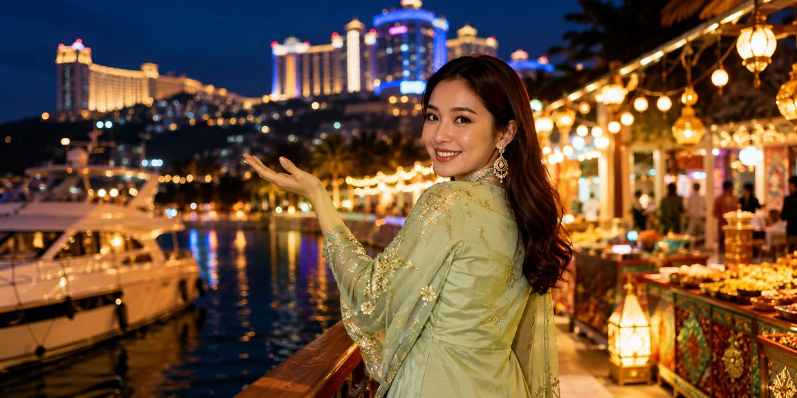 Suasana kasino hiburan Genting Highlands Malaysia dengan tema perayaan Hari Raya dan pencahayaan mewah