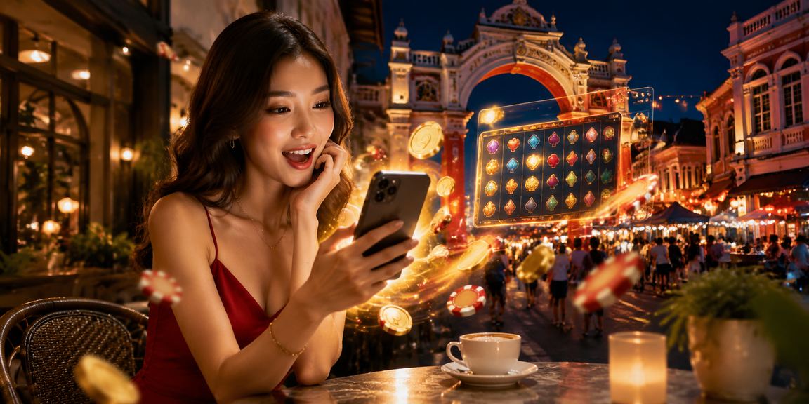 Pengguna Melaka menggunakan aplikasi kasino di telefon dalam suasana moden gaya Melayu untuk akses VIP